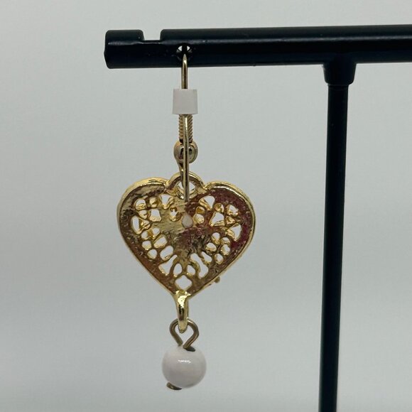 Vintage Gold-Tone Heart Drop Earrings With White Accents & Filigree Design - Picture 9 of 16